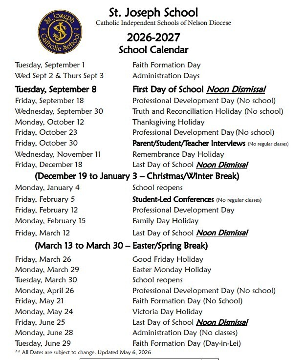 2026-2027 School Calendar