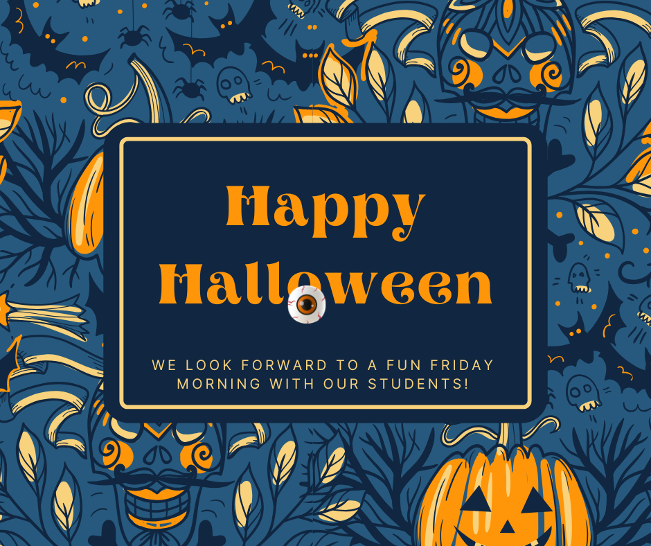 Happy Halloween with pumpkins, sugar skulls, bats, and trees.