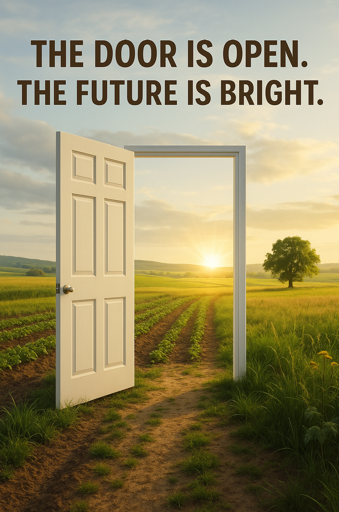 An open door with a beautiful field and sunset in the background