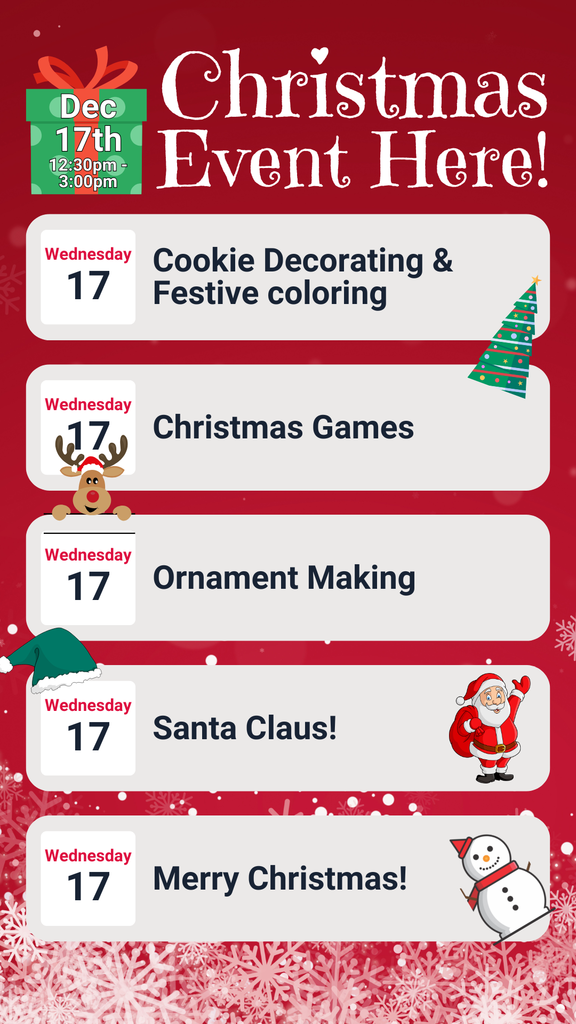 Events and activities happening during the afternoon of December 17th. 