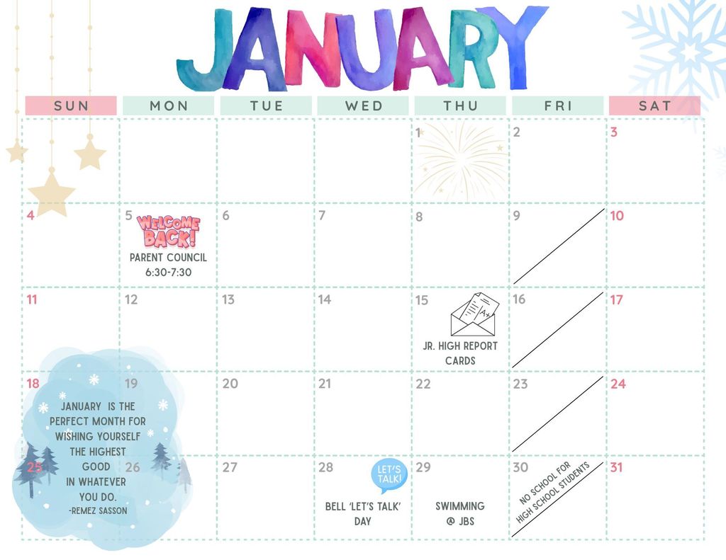 January calendar layout with dates and quotes