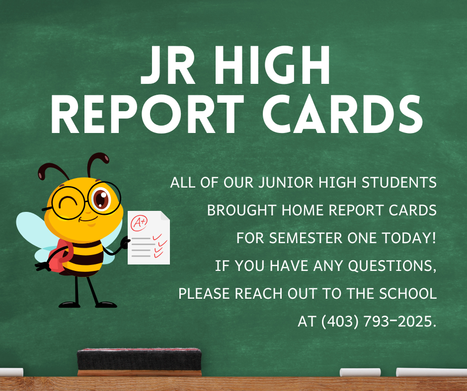 A chalkboard background with a cartoon bee holding a report card.