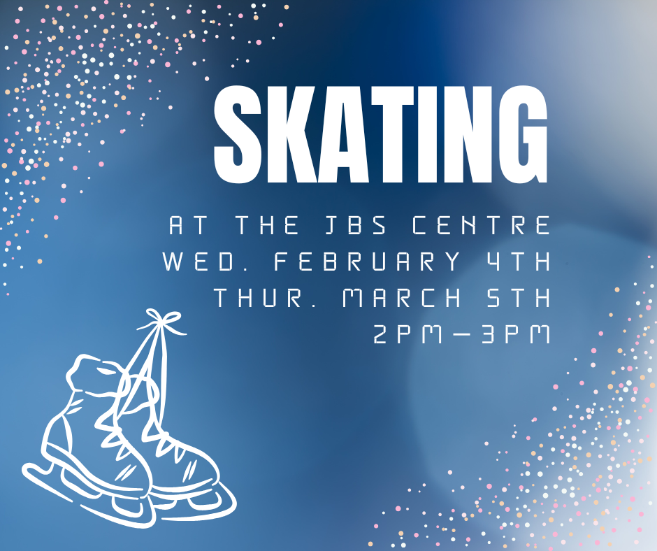 A line drawing of ice skates on a blue background with text.