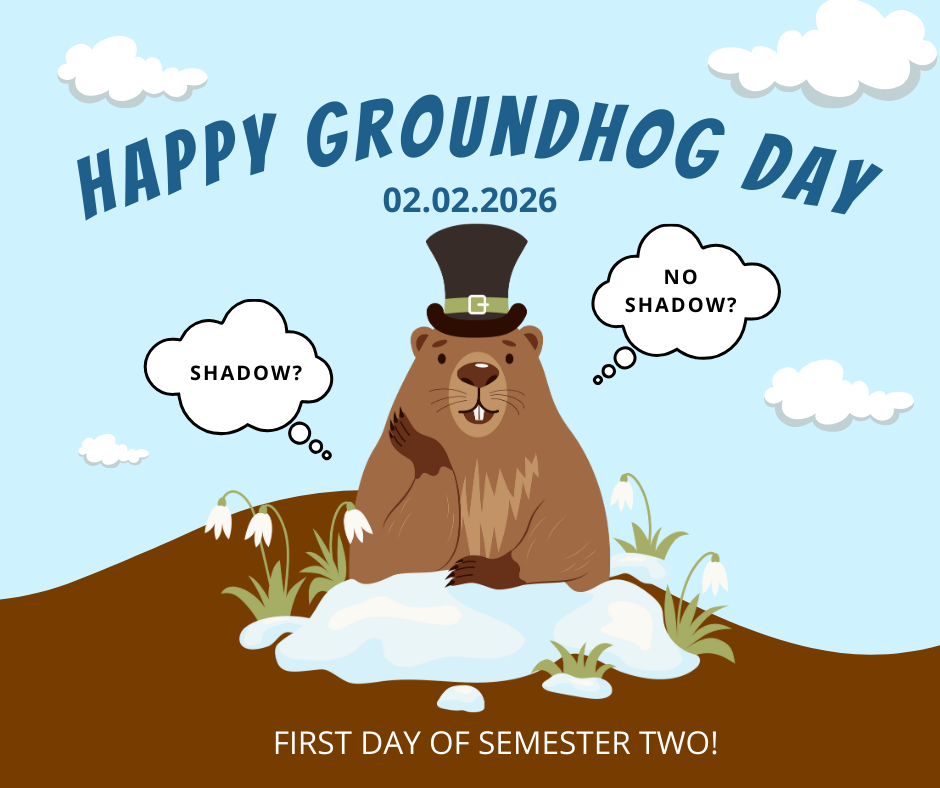 A groundhog in a tophat ponders if he will see his shadow while peeking out of the ground with snow and flowers.