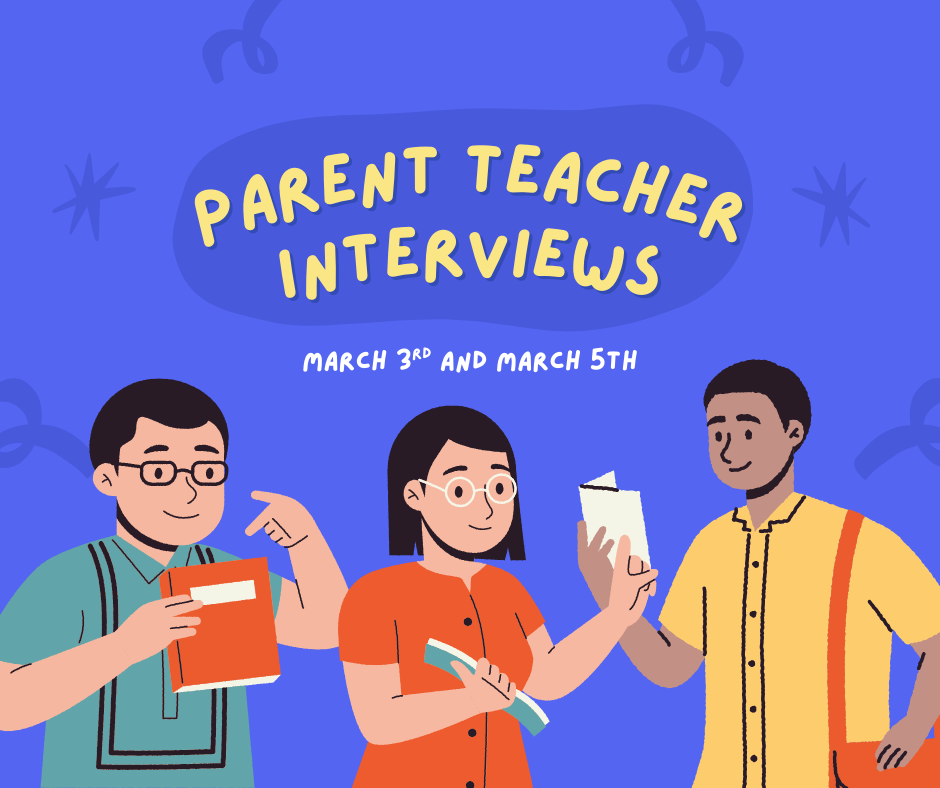 Three illustrated people hold books and appear to be chatting.