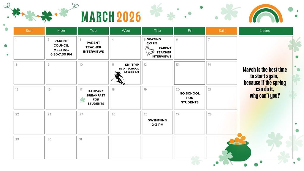 March 2026 Calendar with St.Patrick's Day decorations