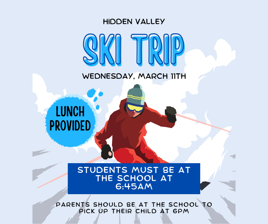 An animated downhill skiier is featured with text