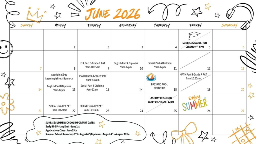 doodles in black and orange of flowers, smiley faces and crowns around a calendar