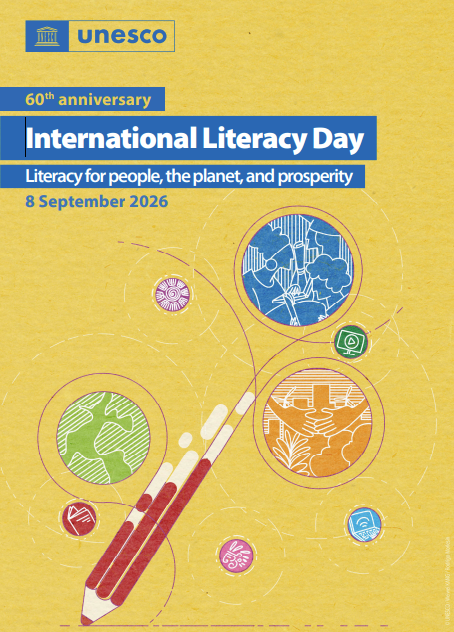 yellow background with pencils and illustrations of globe, people reading