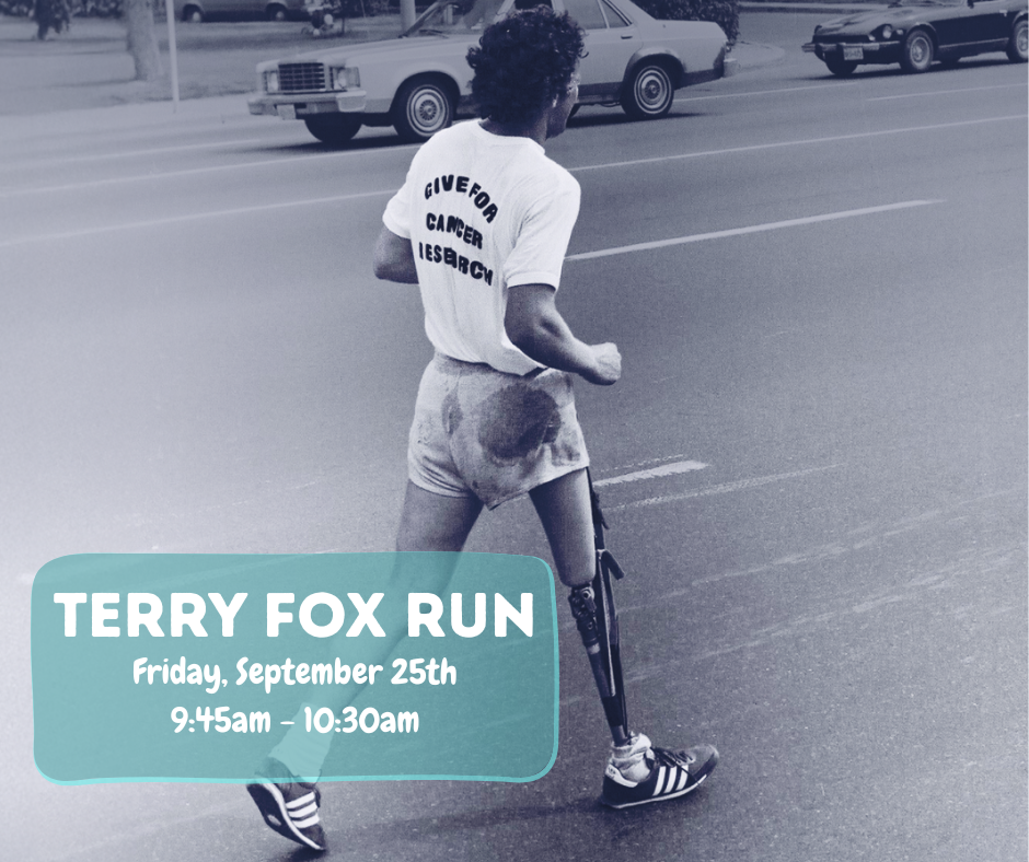 Terry Fox walking down the street in black and white