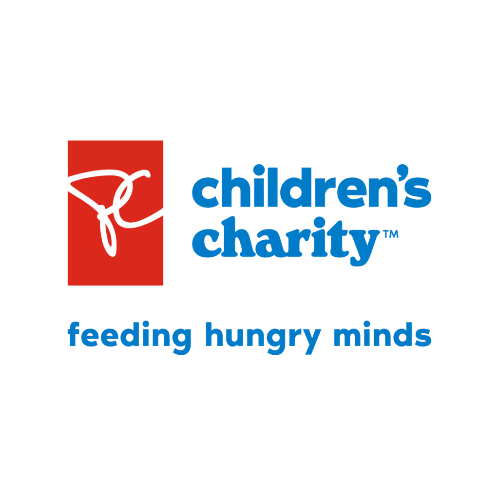 Red rectangle behind white script font, with blue font on white