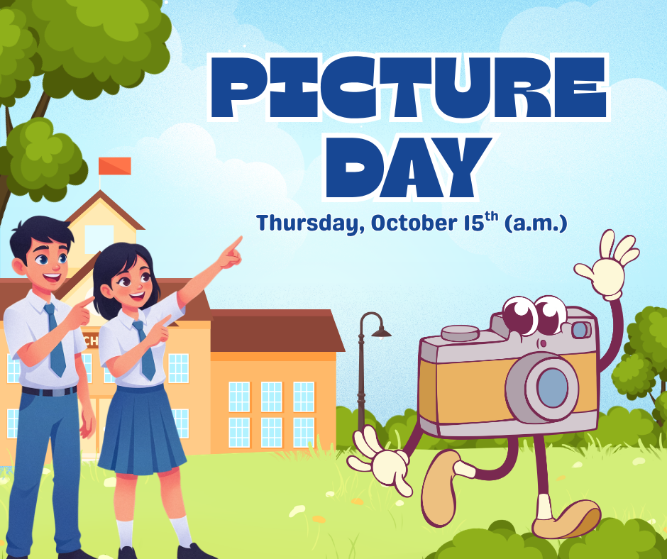 Illustrated school with students in front of it pointing to font, with a cartoon camera waving