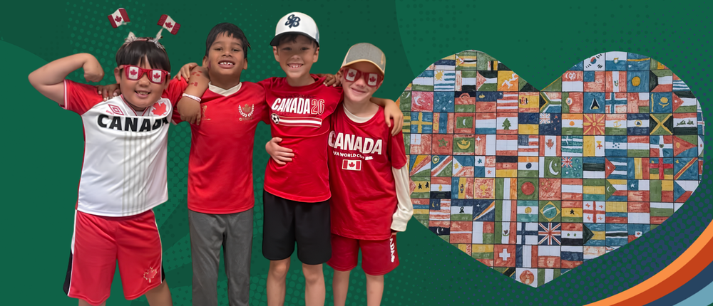 4 children posing in canada day clothing - and an artwork heart made up of different flags
