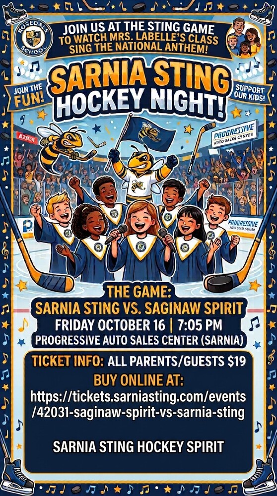 Mrs. LaBelle's class is singing O Canada at the Sarnia Sting Game!