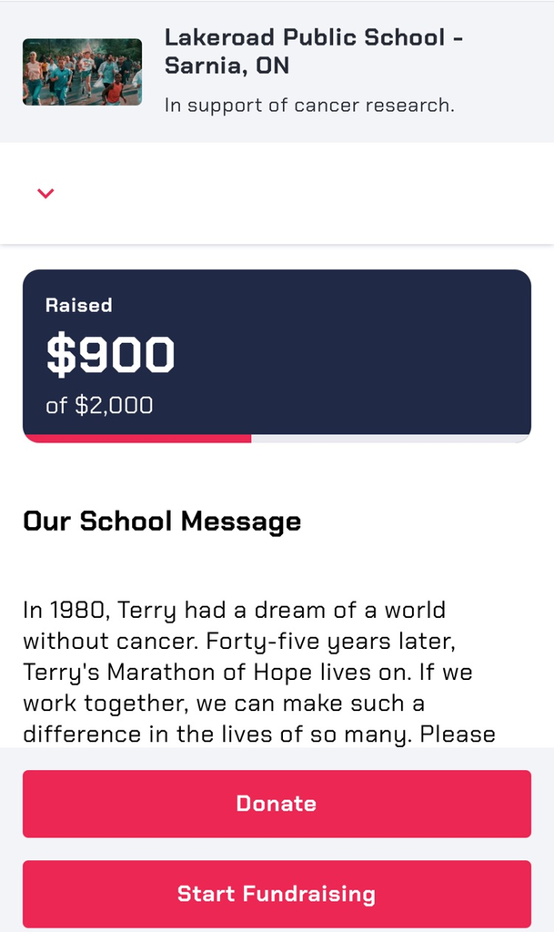 donation page for Terry fox 