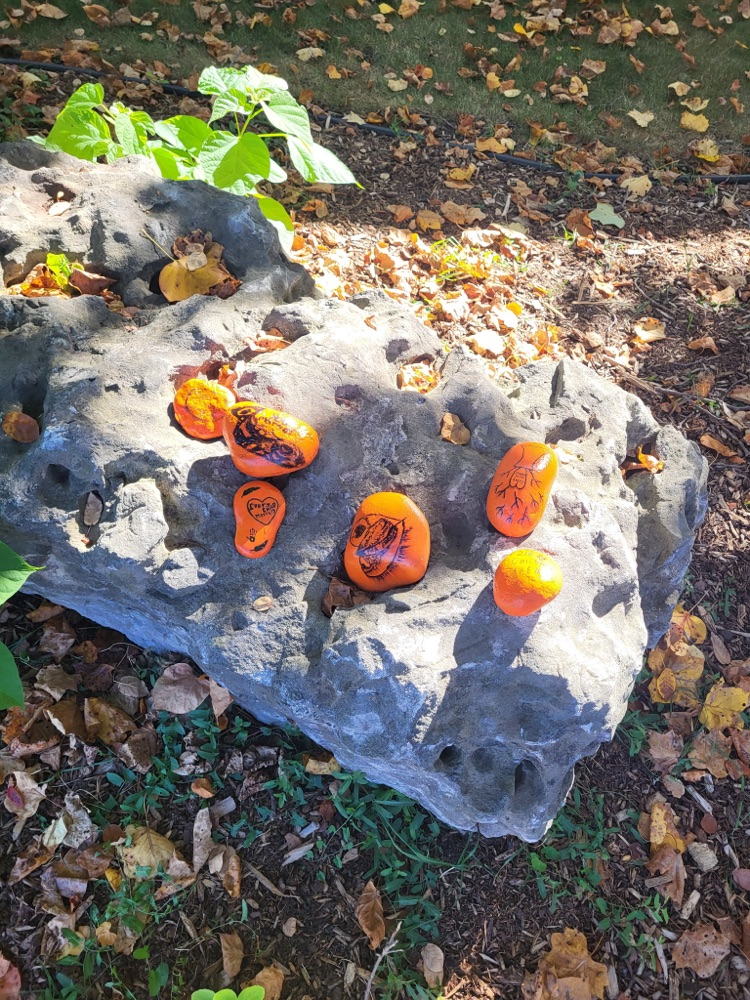Painted rocks in garden