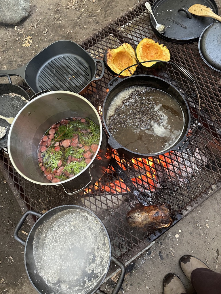 Corn mush, rice, tea, duck, and squash.