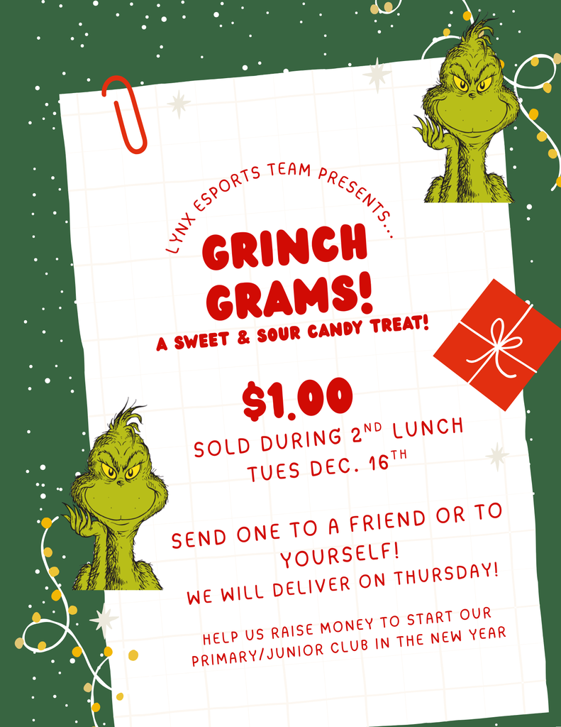 a flyer with images of the Grinch, with details about the sale of Grinch Grams tomorrow.