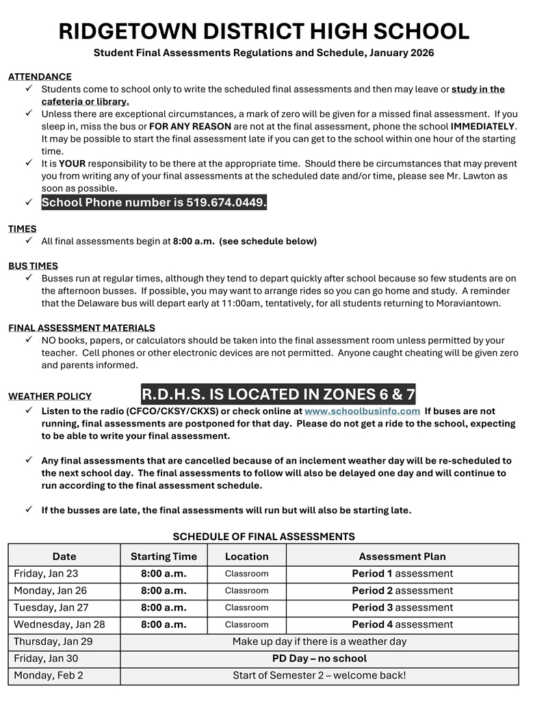 RDHS Student exam regulations and schedule Jan 2026
