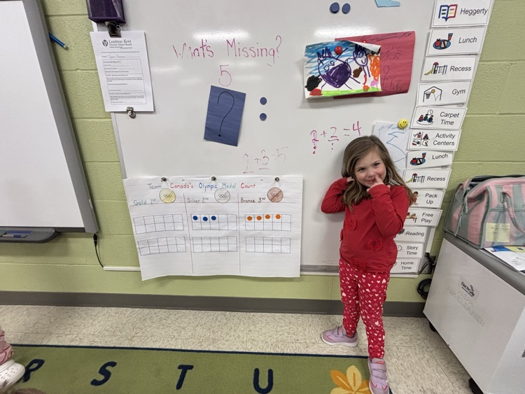 kindergarten student standing behind our tally of Olympic medals