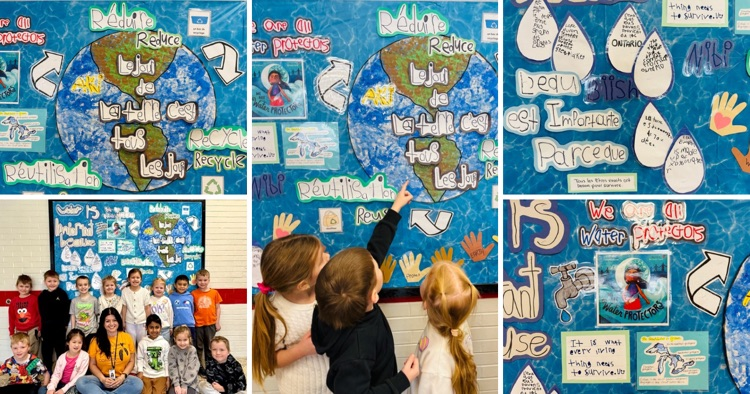 kids in front of a bulletin board about clean water