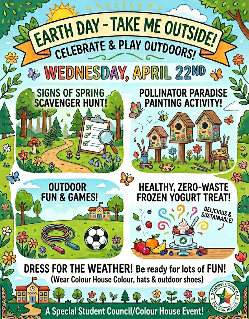 a colourful poster highlighting some of the activities taking place on Earth Day at London Road Public School. 