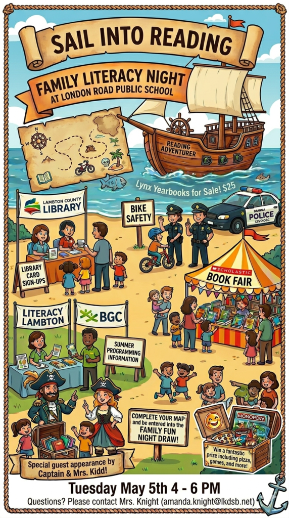 Poster describing the Literacy Night event at London Road Public School on Tuesday May 5th, from 4 - 6 PM