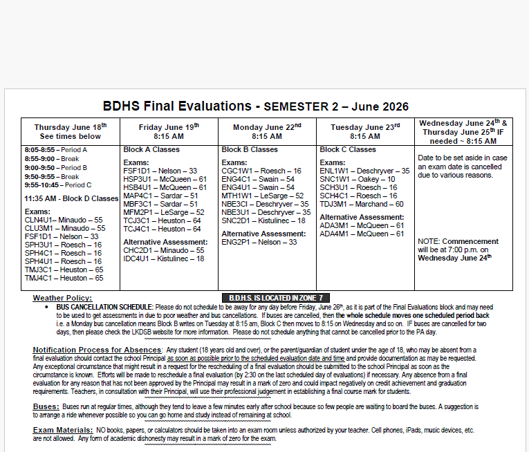 Final Evaluation Schedule