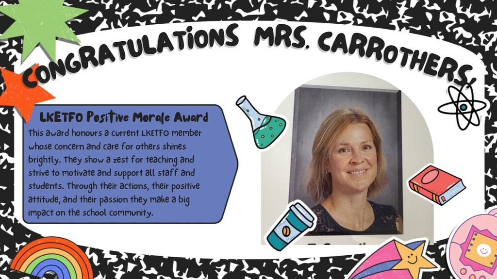 Postcard outlining the achievements of an award winning teacher
