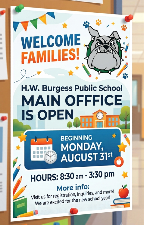 welcome poster, school office with bulldog logo