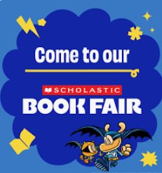 Dog Man inspired poster that says "come to our Book Fair"