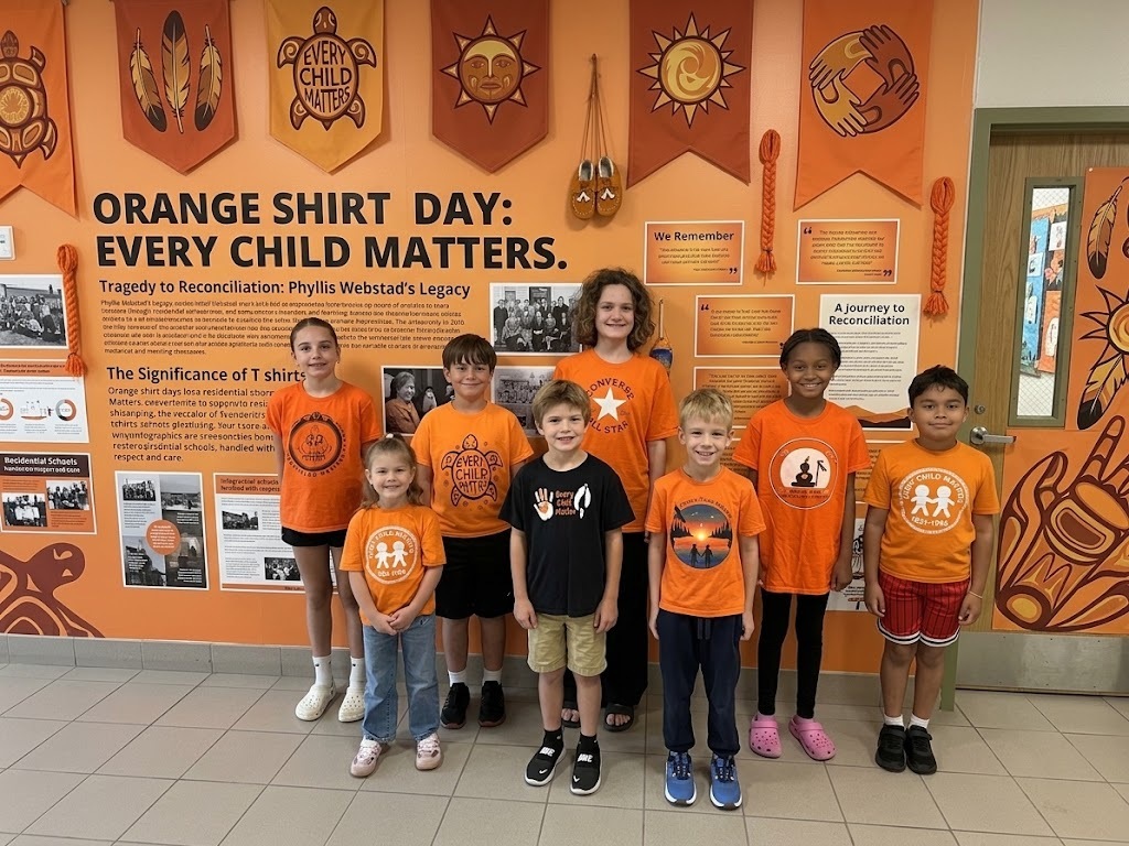 Orange Shirt Day background with 8 students wearing a variety of orange shirts