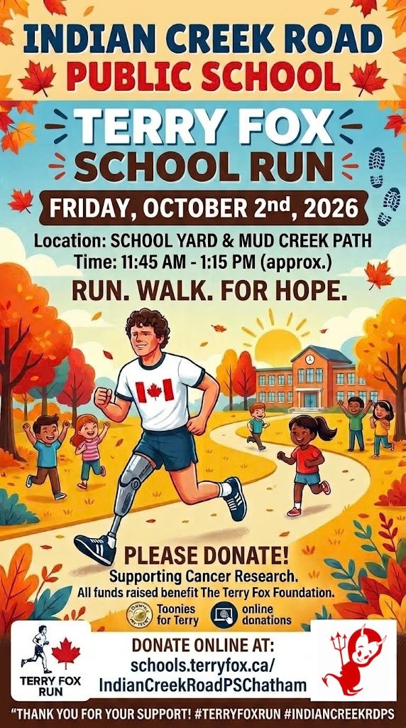 A graphic depicting a sunny fall day with Terry Fox running on a path. A school and children cheering are in the background.