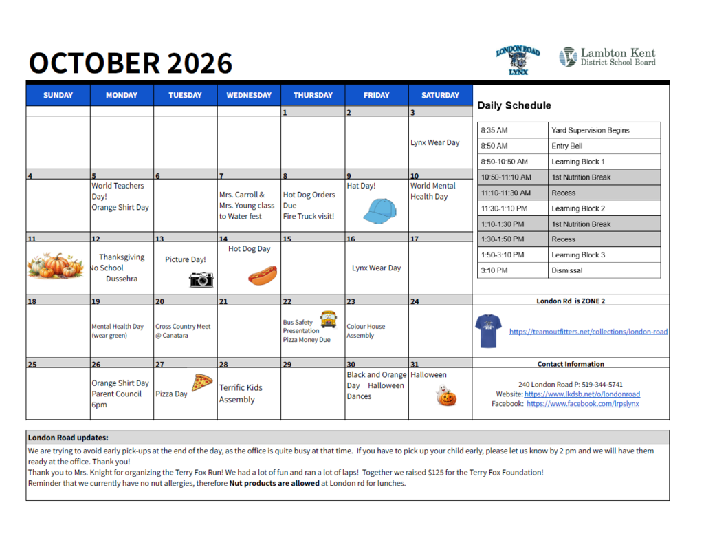 October 2026 School Calendar