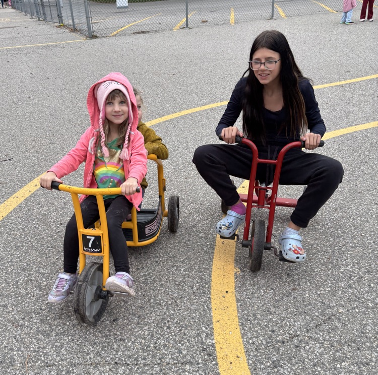 students riding tricycles at school
