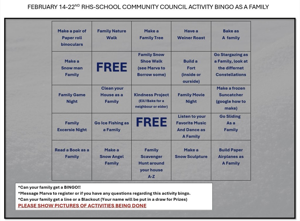 RHS & School community council activity bingo