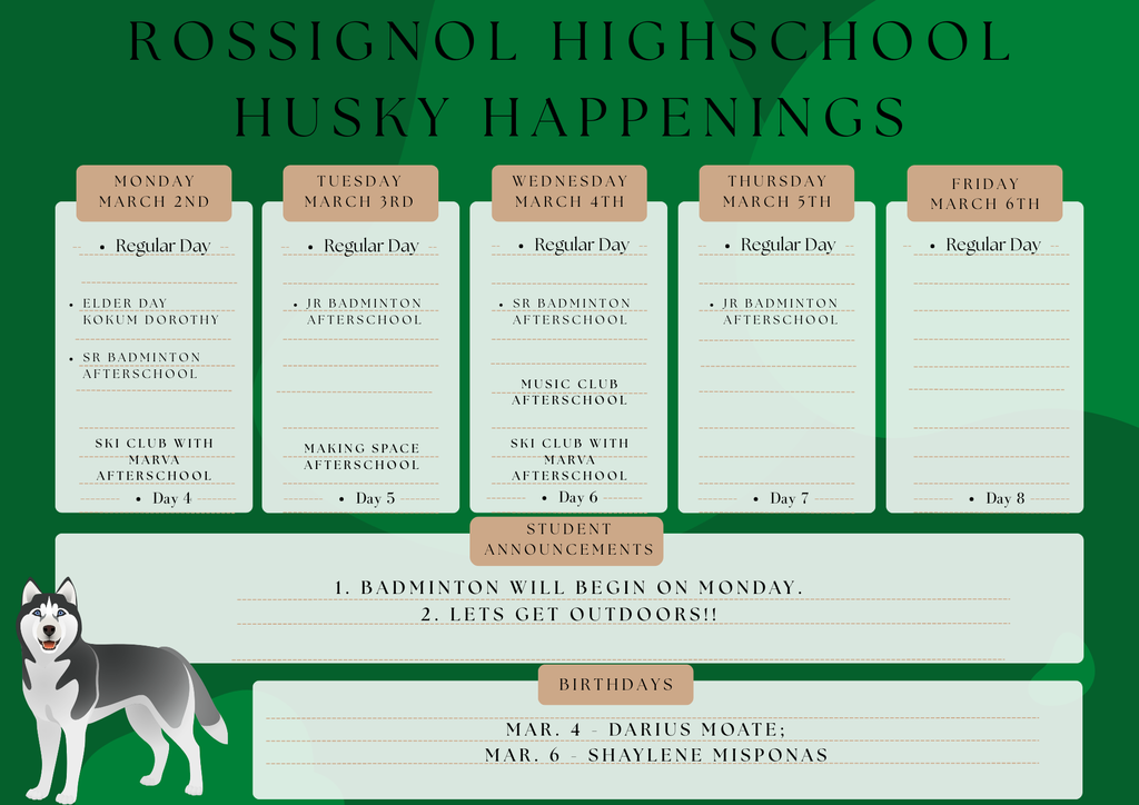 Rossignol Huskie School Happenings for the week