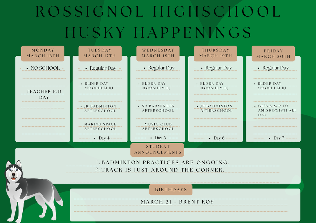 Rossignol Huskie School Happenings for the week