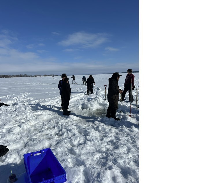 students ice fishing