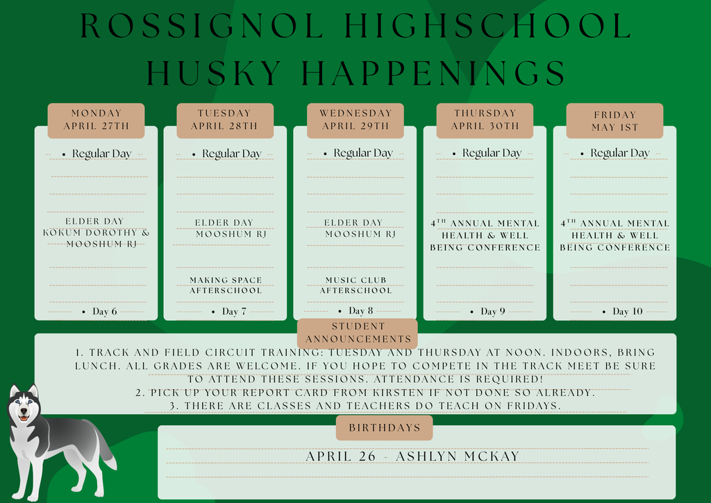 Rossignol Huskie School Happenings for the week
