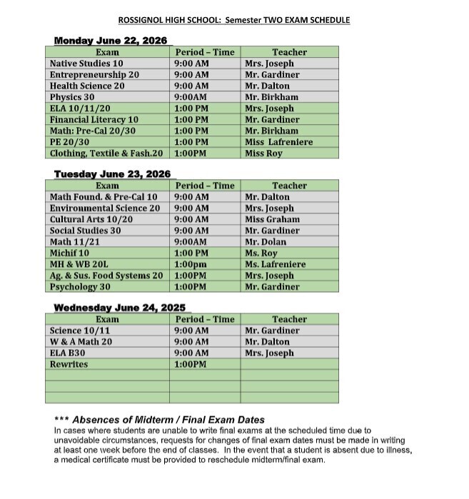 exam schedule