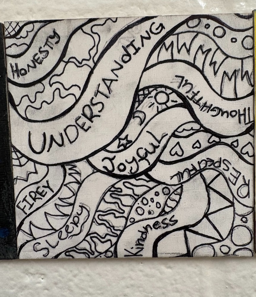 black ink words like understanding, honesty, joyful, with lines and designs 