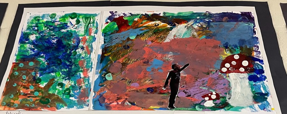 Painted picture usisng all colours of paint, with text and abstract with a picture of a boy with his hand out towards red and white mushrooms. 