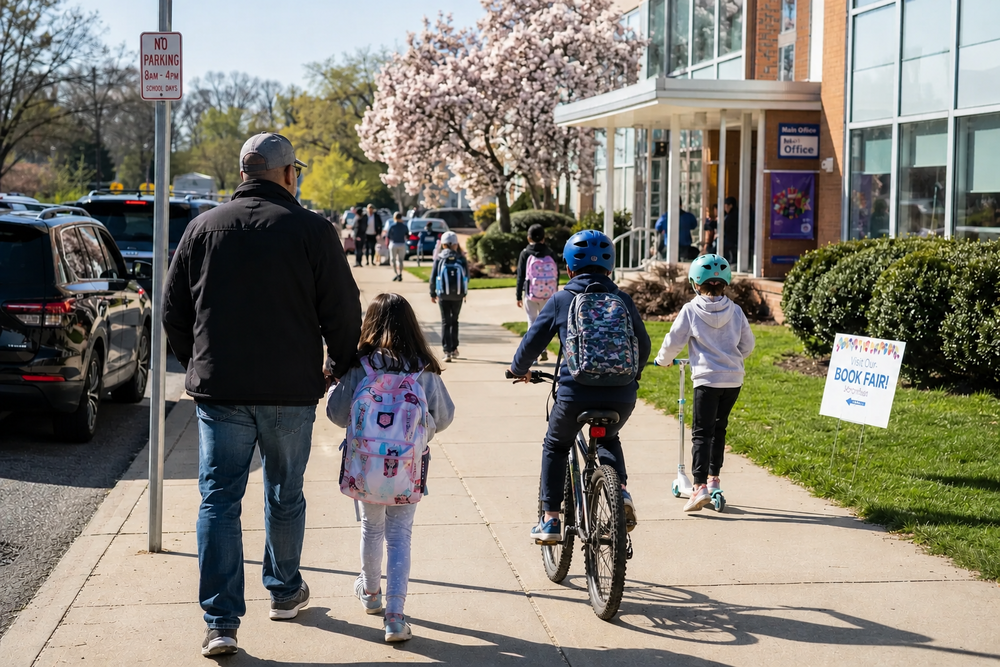 AI generated image: Students and parents arrive at a school on a sunny spring morning. A parent walks beside a child with a backpack along the sidewalk, while other students walk, scooter, and ride bikes toward the school entrance. A student wearing a blue helmet rides a bicycle near the front of the image. Cars are parked along the curb, and flowering trees and green grass surround the school building.