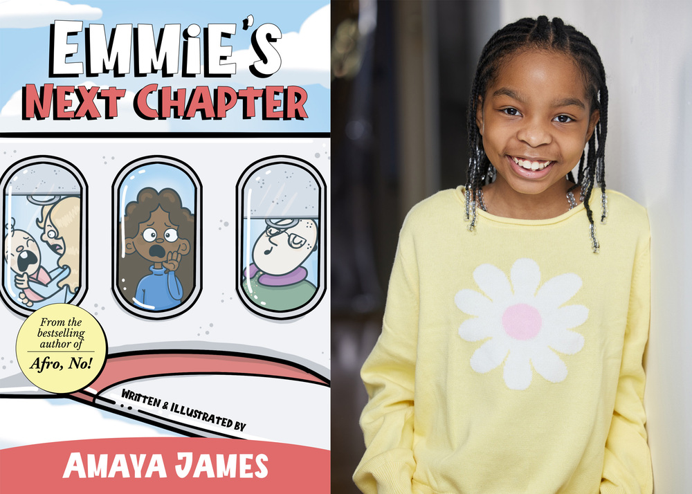 A composite image with the front cover of a book on the left side and a photo of a. young girl on the right side.