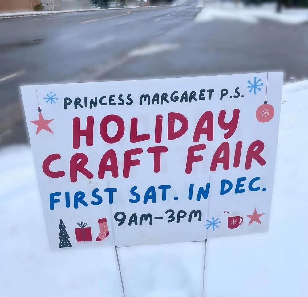 Holiday Craft Fair sign wth information about fair: First Sat. in Dec. 9am-3pm. 