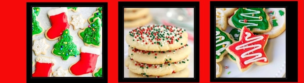 red flyer with picture of Santa and holiday cookies advertising pictures with Santa and and cookie decorating. Lots of red and green and red cookies. 