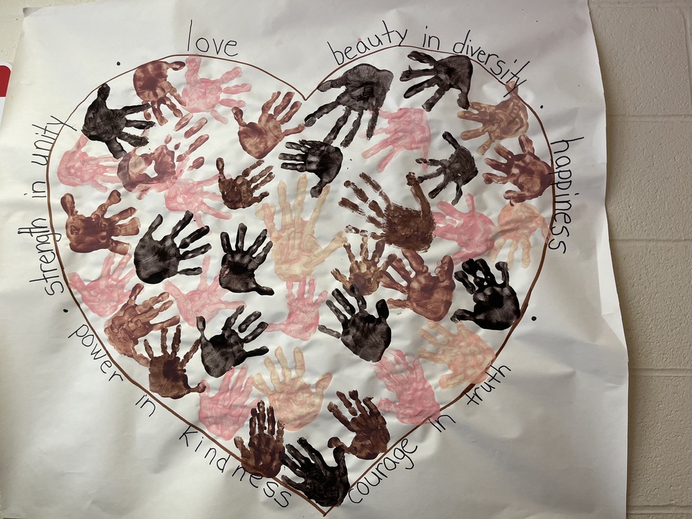 Hand prints in different flesh tone colours that form a heart with the message of inclusion