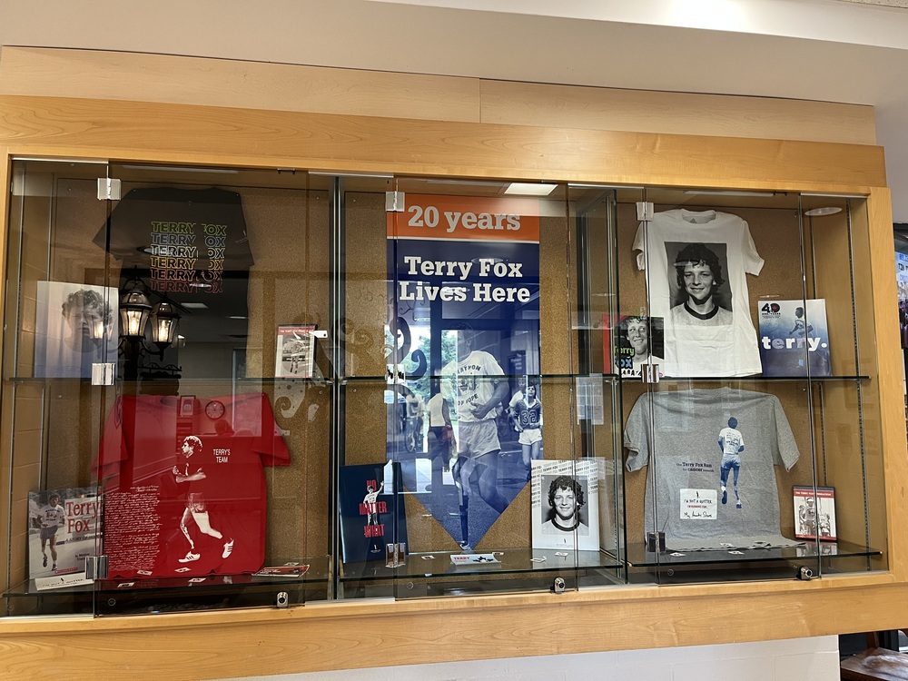 Front Foyer Display of Terry Fox: Posters, t-shirts, books. 