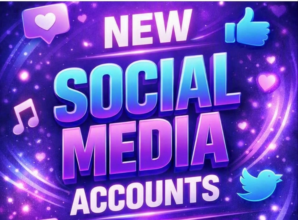 Blue, purple, and white letters: New Social Media Accounts with a small bird, thumbs up, music note.